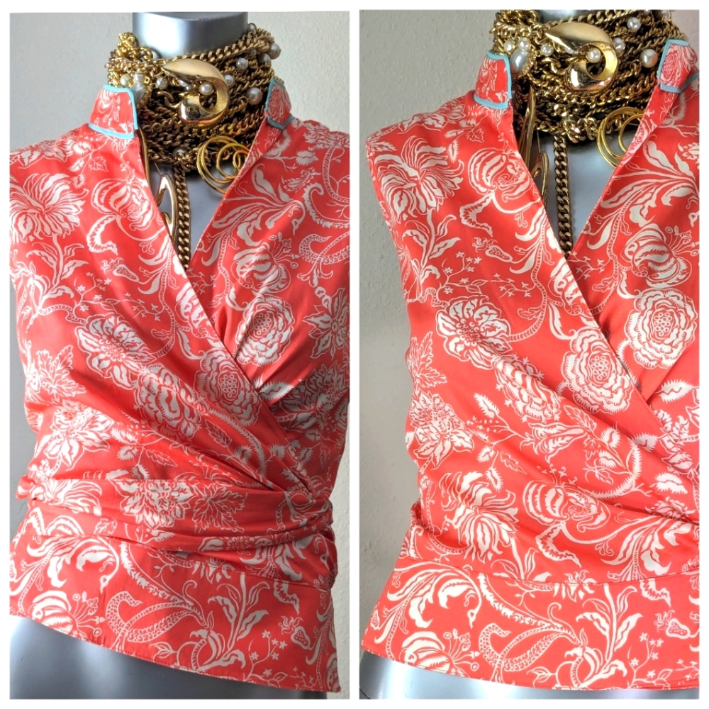 Andrea Becker 100% Cotton Floral Costal Summer Wrap Sleeveless Vibrant Top